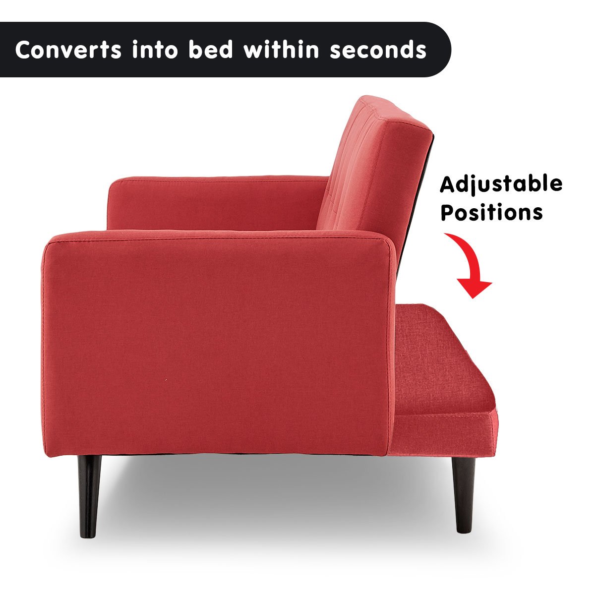 Faux Linen 3-Seater Sofa Bed with Armrests - Red